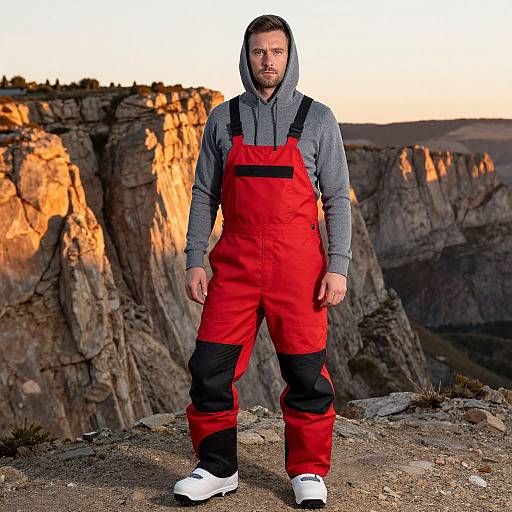 Man in Red Snowboard Overalls on Cliff Edge at Sunset