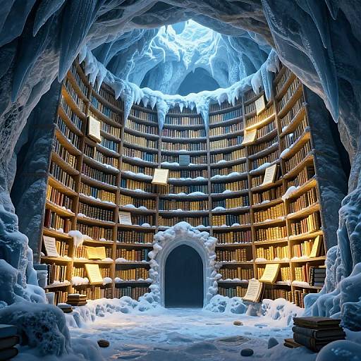 Photograph of a snow-covered, ice-encrusted, circular library with illuminated bookshelves, icy icicles, and warm yellow lamps,