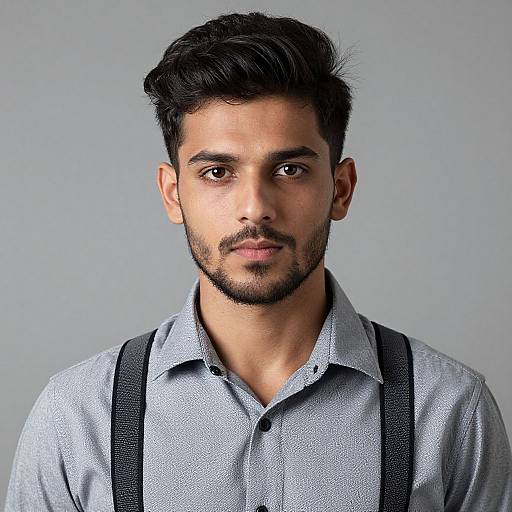 Photograph of a young South Asian man with dark hair, short beard, and mustache, wearing a light blue checkered shirt and black suspenders