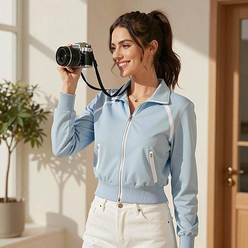 Smiling Woman with Camera in Sunlight