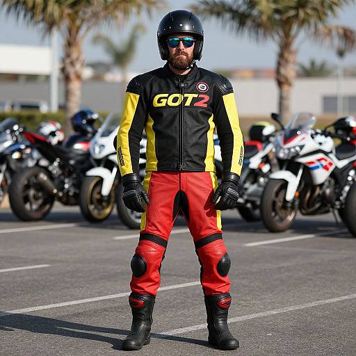 Photograph of a bearded man in black helmet, blue-tinted goggles, yellow-black-red racing suit, black gloves, and red pants,