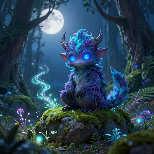 Digital fantasy artwork of a glowing blue-eyed, horned, fluffy creature with electric blue fur sitting on a mossy rock in a moonlit enchanted forest
