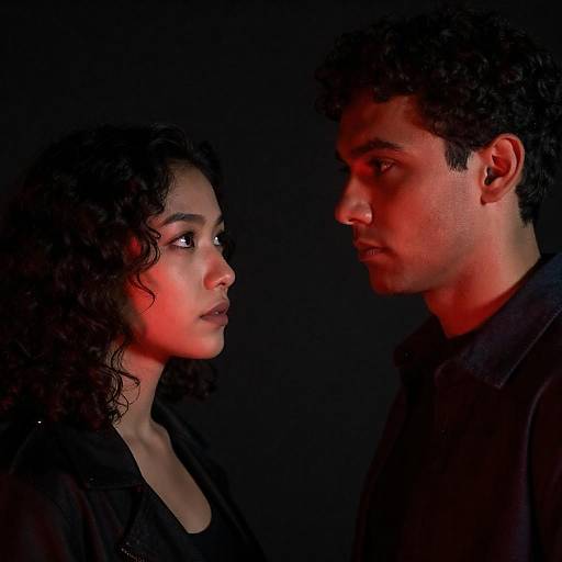 Photograph of an intense, close-up portrait of a curly-haired woman and a curly-haired man, both with serious expressions, against a black background,