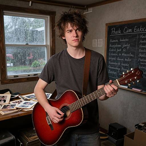 Thoughtful Musician in Rainy Basement