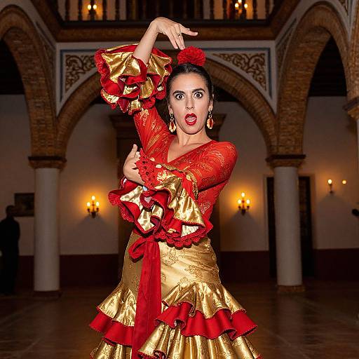 Photograph of a passionate flamenco dancer in a vibrant red and gold dress with ruffles, red flower headpiece, and dramatic pose, set against