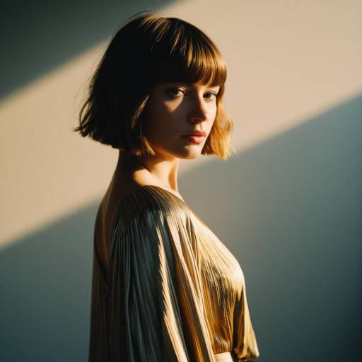 Woman with Short Fringe Hairstyle in Silk Gown