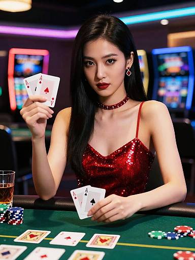 Photorealistic digital artwork of an Asian woman with long black hair, wearing a red sequined dress and choker, holding a 4 of hearts