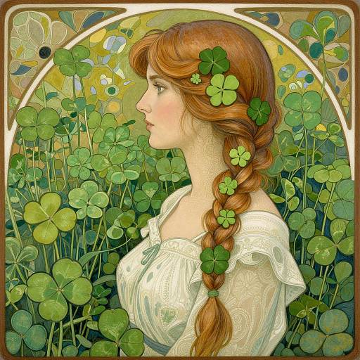 Digital illustration of a fair-skinned woman with red braided hair, adorned with shamrocks, in a lush clover field, wearing a white