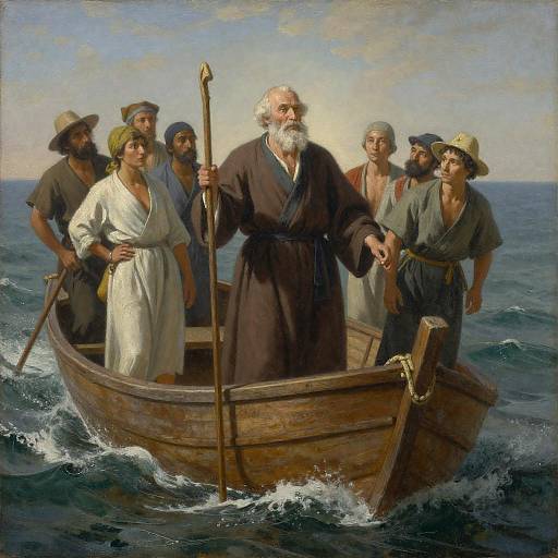 Bearded Elder Guiding Boat Through Storm