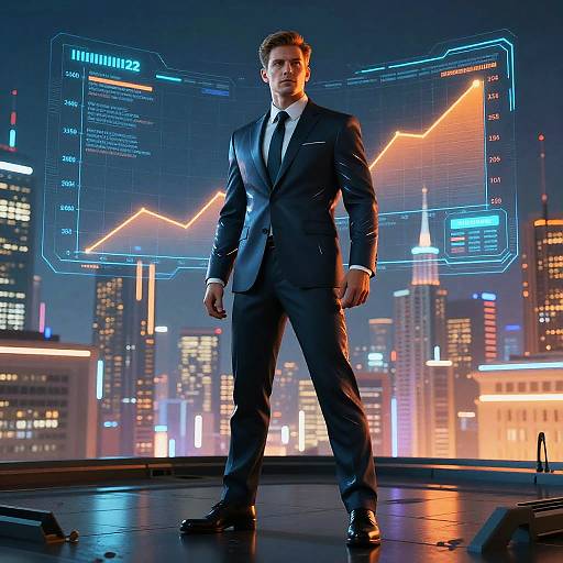 Photograph of a confident, handsome man in a dark blue suit, white shirt, and black tie, standing in front of a futuristic cityscape with