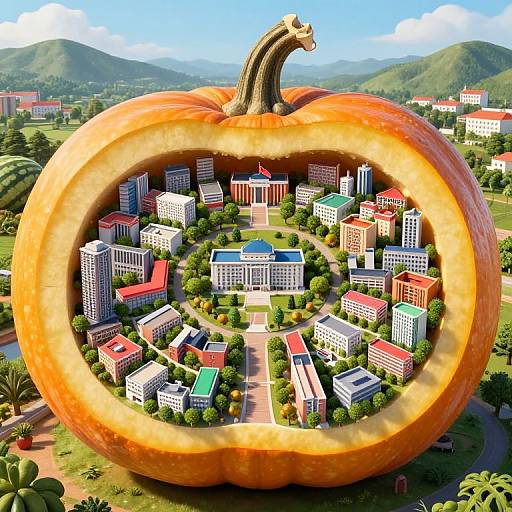 CGI image of a giant, orange pumpkin framing a colorful cityscape with diverse buildings, green trees, and mountains in the background.