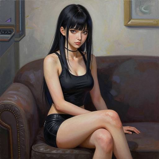 Digital painting of a slender, fair-skinned woman with long black hair, wearing a black crop top and leather shorts, sitting on a brown leather couch