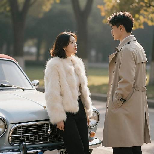 Couple in Trench and Fur Coat by Vintage Car