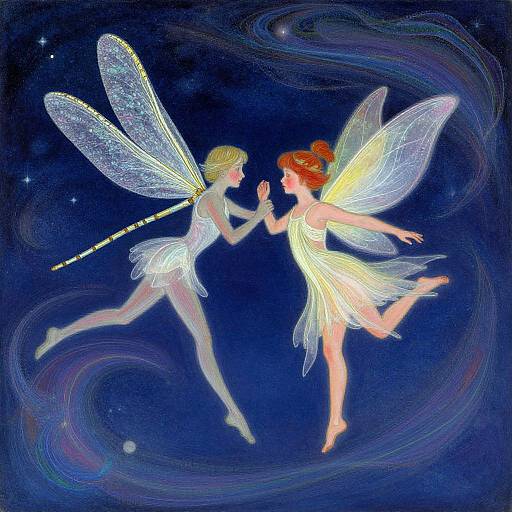Digital illustration of two fairy-like women with translucent wings, one blonde, one red-haired, floating in a dark blue, starry galaxy, touching hands