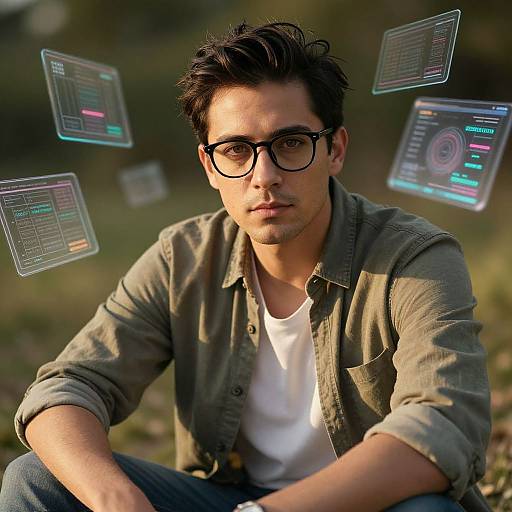 Photograph of a young man with dark hair, glasses, olive shirt, white tee, surrounded by floating digital screens in a grassy outdoor setting.