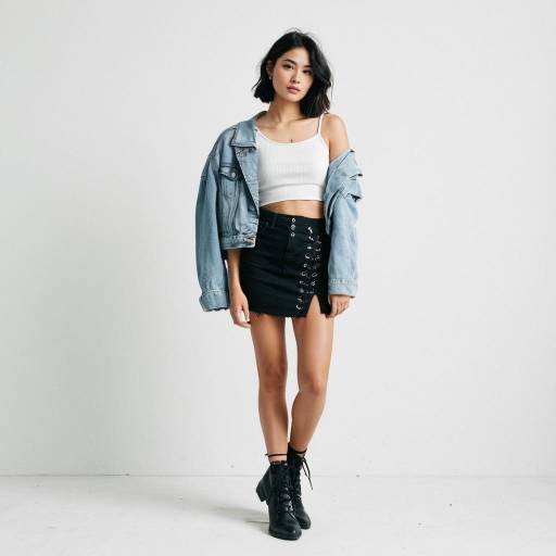Casual Chic Woman in Denim Jacket and Black Mini Skirt