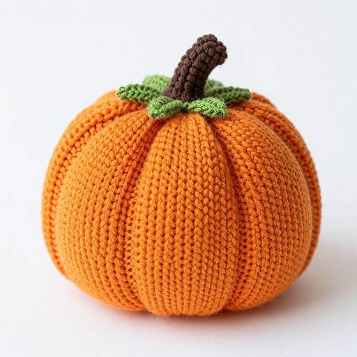 Photograph of a knitted orange pumpkin with green stem and black texture, featuring a visible, tight, textured pattern on a white background.