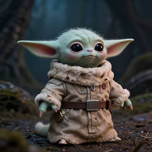 CGI image of a cute, green, big-eyed goblin child with large ears, wearing a beige fur-lined coat with brown belt, standing in