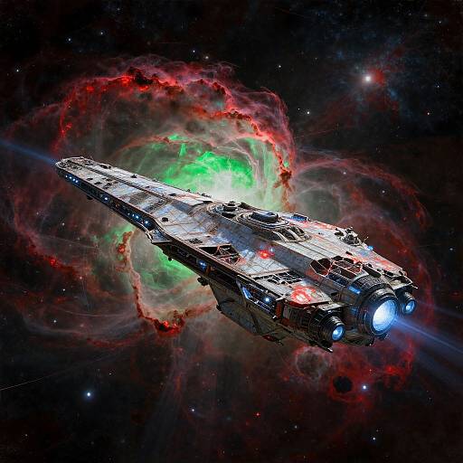 Photorealistic digital artwork of a futuristic, silver spaceship with bright blue lights, flying through a vibrant, red and green nebula in space.