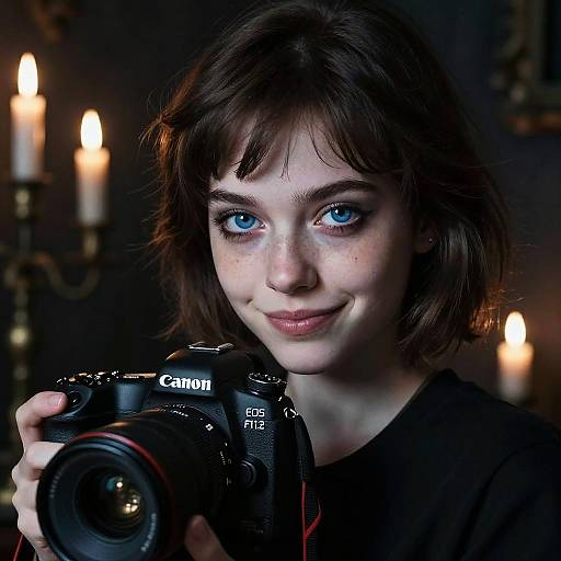 Portrait of Young Woman with Blue Eyes and Camera