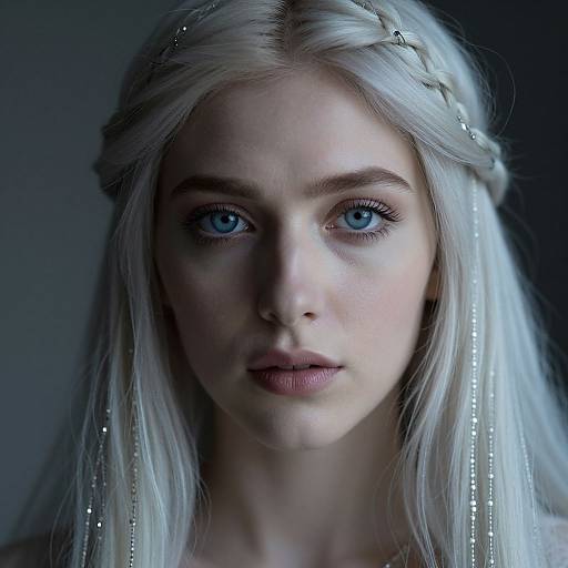 Photorealistic portrait of a fair-skinned, blue-eyed blonde woman with braided hair, wearing delicate silver beads, against a dark, moody