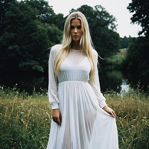 Blonde Woman in Sheer White Dress Outdoors