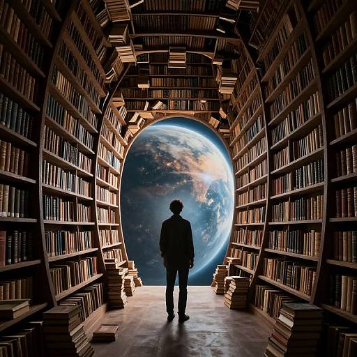Silhouetted figure in suit stands before vast, illuminated Earth view in book-filled library tunnel, books stacked on floor. Digital art.