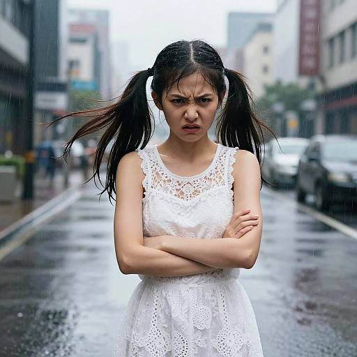 Photograph of an angry Asian woman with black pigtails, wearing a white lace dress, standing in a rainy urban street, arms crossed, background