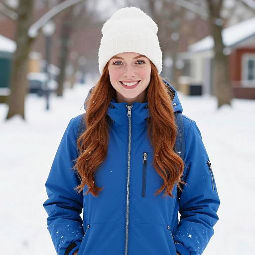 Woman in Winter Outfit with Blue Jacket and White Hat