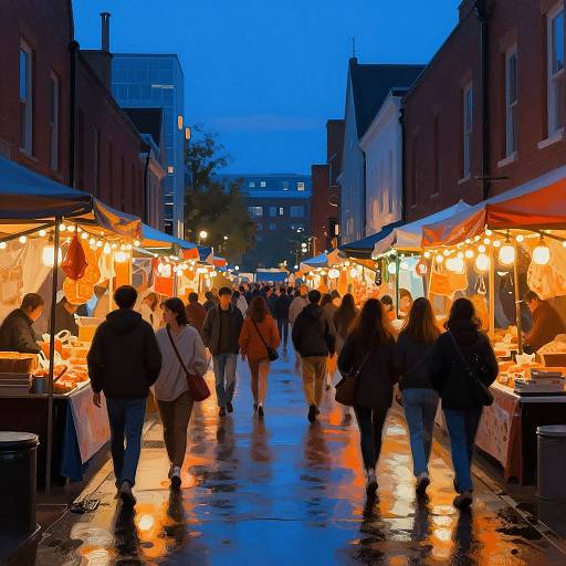 Photograph of a bustling evening street market, illuminated by warm streetlights, with vendors' stalls on either side and people walking on a wet, reflective