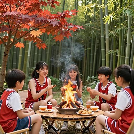 Joyful Family Campfire in Slam Dunk Style