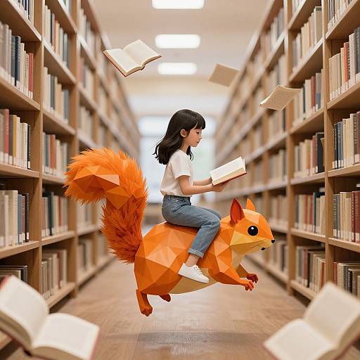 Digital artwork of a black-haired girl in white shirt and blue jeans riding an orange, polygonal fox through a library with floating books.