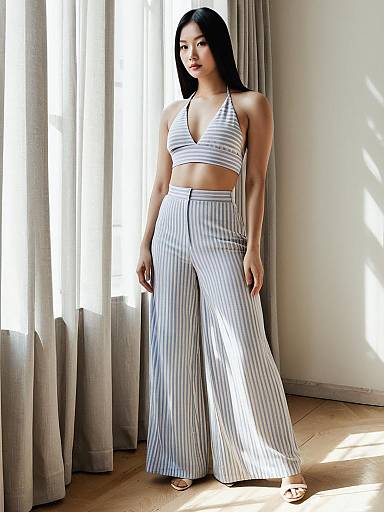 Woman in Striped Two-Piece Wide-Leg Outfit