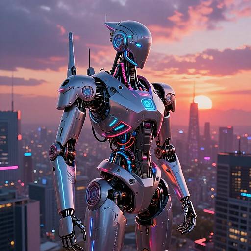 CGI image of a futuristic, silver robotic humanoid with glowing blue and pink accents, standing on a city rooftop at sunset, with skyscrapers and