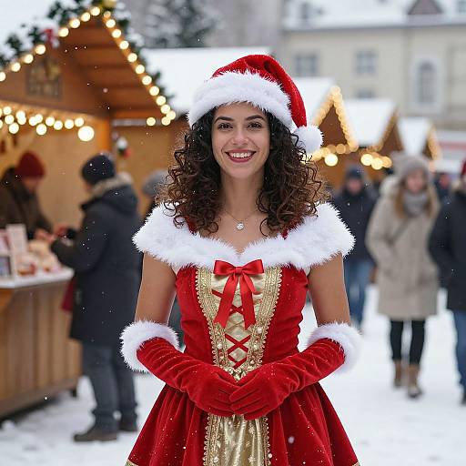 Photograph of a smiling curly-haired woman in a red Santa dress with white fur trim, red gloves, and hat, standing at a snowy Christmas market
