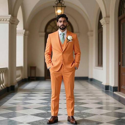Man in Orange Suit Standing in Elegant Hallway