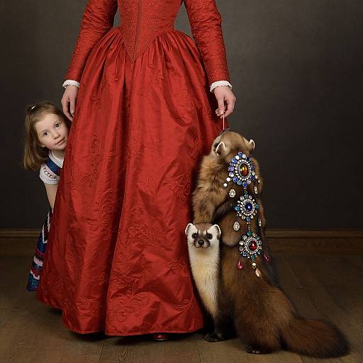 Photograph of a woman in a red, ornate ball gown, standing with a young girl and a raccoon wearing a beaded, colorful vest