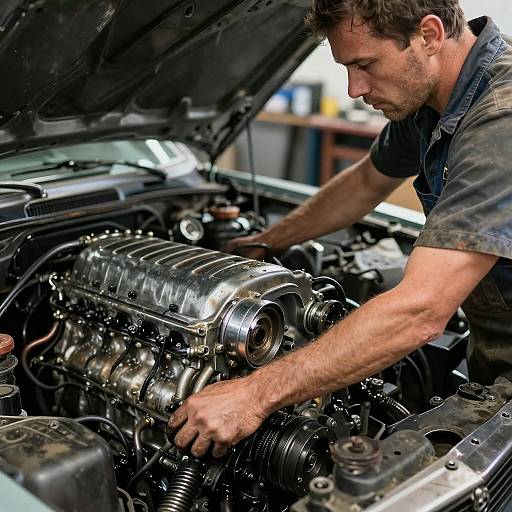 Photograph of a focused, muscular, short-haired man with light skin and stubble, wearing a dark shirt, working on a shiny, silver car