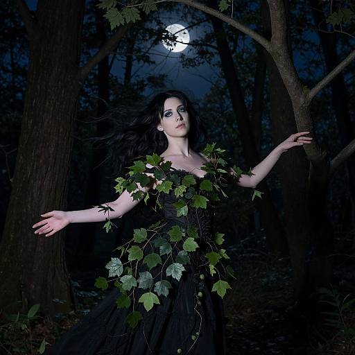Photograph of a pale woman with dark hair, wearing a black dress adorned with green leaves, standing in a moonlit forest, arms gracefully outst