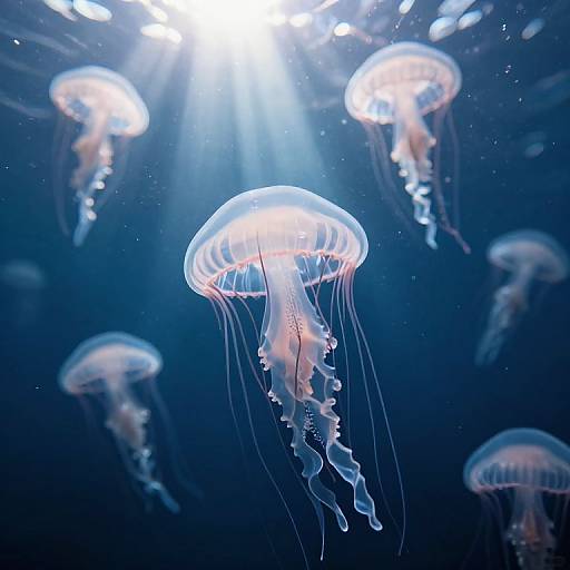 Photograph of ethereal jellyfish with translucent, glowing bodies and flowing, wavy tentacles, illuminated by sunlight rays in a deep blue ocean.