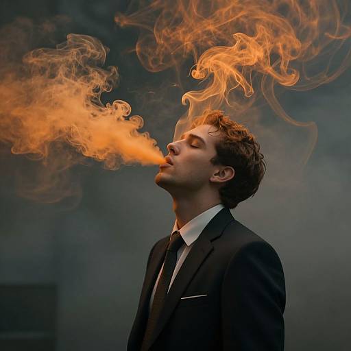 Photograph of a young man in a black suit, eyes closed, exhaling bright orange smoke from his mouth against a dark, smoky background.