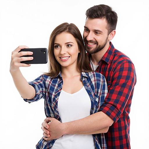 Photograph of a smiling couple taking a selfie; man in red plaid shirt hugs woman in blue plaid shirt and white top.