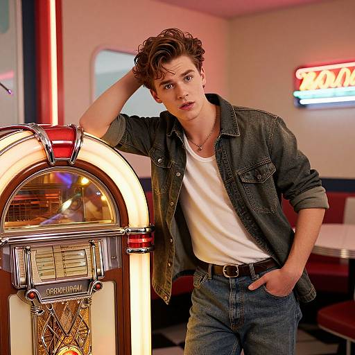 Photograph of a young man with curly brown hair, wearing a denim jacket and white t-shirt, leaning on a brightly lit slot machine in a retro