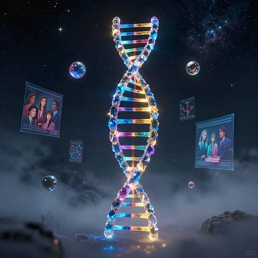 Digital artwork of a glowing DNA double helix against a starry night sky, surrounded by floating bubbles and holographic family photos.