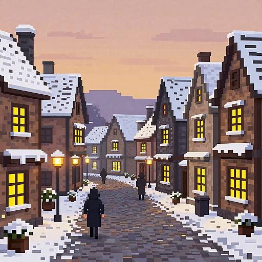 Pixel art of a snowy, cobblestone village street at sunset, with warmly lit, snow-covered buildings, three silhouetted figures walking.