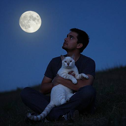 Photograph of a young man with short dark hair, sitting cross-legged under a bright full moon, holding a white cat with striped legs. Blue night