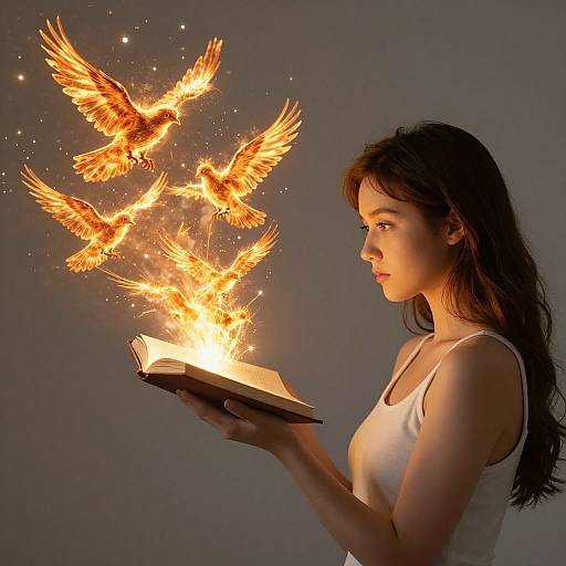 Photograph of a young woman in a white tank top, holding an open book, with three glowing, fiery birds emerging.