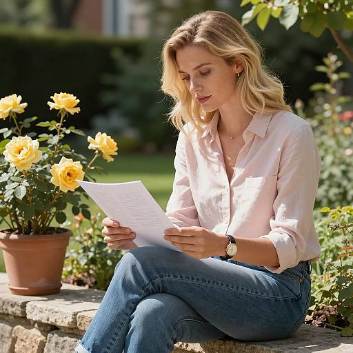 Blonde Woman Reading Letter in Garden