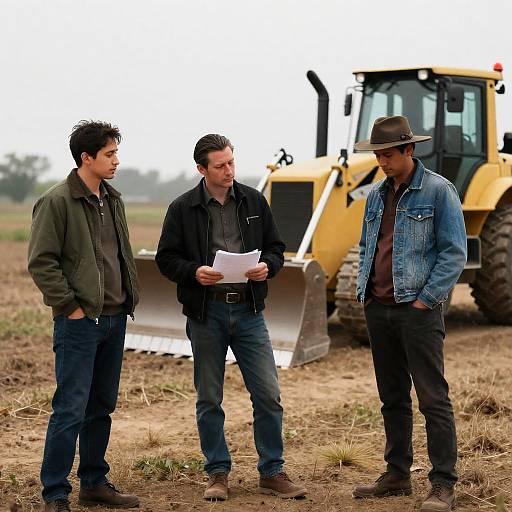 Three Men Discussing Documents Near Bulldozer in Field