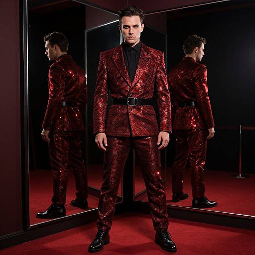 Photograph of a man in a shimmering red sequin suit, black shirt, and belt, standing on red carpet in front of mirrored walls,